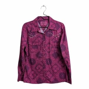 Cowgirl Hardware Woman Fuchsia Purple Paisley Long Sleeve Shirt Embellished M